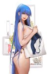  1girl artist_logo artist_name blue_bra blue_eyes blue_hair bra breasts butt_plug commentary english_commentary facial_tattoo from_side highres hitachi_magic_wand holding holding_bra holding_clothes holding_underwear hu_dako implied_nudity large_breasts lips long_hair looking_at_viewer open_mouth original patreon_logo patreon_username queen_of_spades_symbol sex_toy solo sweat tattoo teeth underwear unworn_bra very_long_hair vibrator 