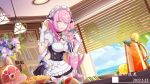  1girl absurdres apron beach black_choker black_dress blue_eyes boned_meat bottle breasts choker cleavage clothing_cutout cloud cloudy_sky cup dated dress drinking_glass elbow_gloves elf elysia_(honkai_impact) elysia_(miss_pink_elf)_(honkai_impact) fake_horns flower food french_fries fruit gloves hair_between_eyes highres holding holding_cup honkai_(series) honkai_impact_3rd horns juice lamp lemon lemon_slice long_hair looking_at_viewer maid maid_apron maid_headdress meat omelet omurice open_mouth orange_juice pink_hair pink_pupils pointy_ears puffy_short_sleeves puffy_sleeves sandwich shelf short_sleeves side_cutout siji_de_xianhua sky triquetra water white_gloves window wine_bottle wine_glass 