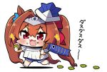  1girl aged_down animal_ears blue_shorts brown_hair chibi children&#039;s_day commentary_request daiwa_scarlet_(umamusume) fang food food_on_face hair_between_eyes hair_intakes highres holding holding_stick horse_ears horse_girl horse_tail kodomo_no_hi koinobori long_hair oak_leaf open_mouth plover red_eyes shadow shorts solo sound_effects_only stick tail tiara umamusume v-shaped_eyebrows very_long_hair white_footwear windsock 