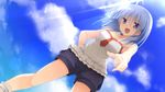  ahoge artist_request blue_eyes blue_hair cloud clouds female game_cg highres imouto_no_katachi meta_(imouto_no_katachi) pointing shorts sky socks solo sphere tagme_(artist) white_hair 