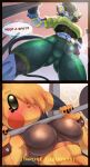  abs anthro barbell big_breasts blonde_hair blue_body breasts butt butt_from_the_front clothed clothing dialogue duo female generation_1_pokemon generation_4_pokemon hair hair_over_eye hi_res luxray nintendo one_eye_obstructed pikachu pokegymsparks pokemon pokemon_(species) text tight_clothing yellow_body 
