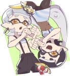  2girls :o ;d baggy_pants bare_shoulders black_hair black_pants black_pantyhose blunt_bangs breasts callie_(splatoon) commentary_request cropped_legs earrings fangs food food_on_head fruit gradient_hair green_background grey_hair highres holographic_clothing inkling jewelry korean_commentary lemon lemon_slice long_hair looking_at_viewer marie_(splatoon) medium_hair midriff mole mole_under_eye multicolored_hair multiple_girls navel object_on_head official_alternate_costume official_alternate_hairstyle one_eye_closed open_mouth oyster pants pantyhose pencil_skirt pink_hair pointy_ears rotational_symmetry shrimp skirt small_breasts smile splatoon_(series) splatoon_3 splatoon_ac strapless suspenders tentacle_hair thick_eyebrows tube_top twintails two-tone_hair upside-down very_long_hair white_tube_top zipper_skirt 