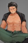 1boy abs ao_isami bara black_hair clothes_lift dmp221190800 facial_hair large_pectorals light_frown looking_at_viewer male_focus male_underwear male_underwear_peek muscular muscular_male navel nipples open_fly pectorals shirt_behind_neck shirt_lift sideburns_stubble sitting solo spread_legs stomach stubble thick_eyebrows tsurime underwear unfinished yuuki_bakuhatsu_bang_bravern 