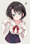 1girl absurdres black_hair blush commentary_request green_eyes highres hololive hutaba_haru looking_at_viewer messy_hair oozora_subaru oozora_subaru_(casual) playing_with_own_hair solo sweat twirling_hair upper_body virtual_youtuber 