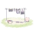  1other basket black_eyes chibi clothesline crescent crescent_facial_mark debidebi_debiru dot_nose facial_mark full_body grass highres horns looking_at_object nijisanji no_humans oshake shadow simple_background solo standing tail virtual_youtuber white_background 