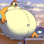  2024 belly big_belly bodily_fluids buizel burping canid canine canis city duo english_text generation_4_pokemon growth hi_res huge_belly macro male male/male mammal micro navel nintendo pokemon pokemon_(species) sweat tanio tanio_(character) text wolf 
