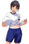  :d ball black_hair blue_shorts blush cowboy_shot eyebrows eyebrows_visible_through_hair grey_eyes gym_shorts gym_uniform head_tilt highres holding holding_ball lifted_by_self looking_at_viewer matsunaga_kouyou midriff navel open_mouth original puffy_short_sleeves puffy_sleeves round_teeth shirt shirt_lift short_sleeves shorts smile solo sportswear standing tan tareme teeth volleyball white_shirt 