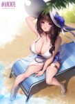  1girl absurdres bare_shoulders beach bikini black_hair blush braid breasts cleavage collarbone from_above goddess_of_victory:_nikke hair_over_shoulder hand_on_headwear hat highres huge_breasts long_hair mary_(bay_goddess)_(nikke) mary_(nikke) outdoors parted_lips revision side_braid sitting solo sun_hat swimsuit thighs toriseru_(rare_stone) unusually_open_eyes white_footwear 