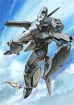 absurdres aircraft airplane arm_shield battroid blue_sky canopy_(aircraft) clenched_hand cloud cloudy_sky commentary_request day fighter_jet finger_on_trigger flying full_body green_eyes gun highres holding holding_gun holding_weapon jet machinery macross macross_plus mecha mecha_focus military_vehicle no_humans outdoors painting_(medium) robot roundel science_fiction sky traditional_media u.n._spacy variable_fighter watercolor_(medium) weapon yf-19 youkoumori 