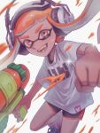  1girl absurdres artist_name black_footwear blunt_bangs clenched_hand colored_tongue commentary_request cross-laced_footwear dolphin_shorts fangs floating_hair headphones highres holding holding_weapon incoming_fist_bump inkling inkling_girl inkling_player_character long_hair looking_at_viewer open_mouth orange_eyes orange_hair orange_tongue orange_trim paint_splatter pink_footwear print_shirt reaching reaching_towards_viewer rk_splaworks shirt shoes short_sleeves shorts sneakers solo sparkle splatoon_(series) splatoon_1 splattershot_(splatoon) standing standing_on_one_leg sweat tentacle_hair thick_eyebrows twintails watermark weapon white_background white_shirt 