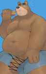  2024 anthro arufina_w bear belly big_belly black_nose blue_background brown_body censored clothing eating food genitals hi_res hot_dog humanoid_hands kemono male mammal moobs navel overweight overweight_male penis simple_background solo underwear 