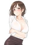 absurdres ameyame bad_id bad_twitter_id blush breasts brown_eyes brown_hair brown_skirt buttons cleavage clenched_teeth collared_shirt cowboy_shot crossed_arms dress_shirt frown head_tilt highres large_breasts long_hair long_sleeves looking_at_viewer mole mole_on_breast no_bra pencil_skirt shirt simple_background skirt solo sweat teeth unbuttoned unbuttoned_shirt wet white_background wing_collar 