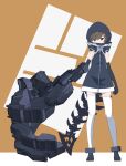  32zzz armored_gloves black_dress black_gloves black_rock_shooter brown_eyes brown_hair covering_own_mouth dress elbow_gloves gauntlets gloves hair_ornament hairclip high_collar highres hood mechanical_tail strength_(black_rock_shooter) tail thighhighs white_thighhighs zipper 
