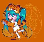  1girl blue_eyes blue_hair blush cat_tail character_hat cosplay fang garfield garfield_(character) garfield_(character)_(cosplay) hatsune_miku lasagne long_hair oven_mitts sidelocks skin_fang slippers solo tail twintails vocaloid yumeyuk0 