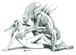  2002 alien alien_(franchise) drooling female human imminent_sex kneeling male mammal masturbation nude penis pussy reclining saliva slof traditional_media_(artwork) xenomorph 