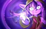  1girl blue_eyes clenched_hand closed_mouth cosplay dress gojou_satoru gojou_satoru_(cosplay) highres league_of_legends light_frown looking_at_viewer lulu_(league_of_legends) magic motion_lines napalm_express purple_background purple_eyes purple_hair simple_background solo wide-eyed yordle 