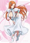  1girl \||/ artist_name bleach blush breasts brown_eyes cleavage closed_mouth collared_shirt commentary detached_sleeves english_commentary eyelashes floating_clothes floating_hair full_body hair_ornament hand_on_own_hip hand_on_own_knee head_tilt high_heels inoue_orihime juliet_sleeves large_breasts leaning_forward long_hair long_skirt long_sleeves looking_at_viewer orange_hair parted_bangs polka_dot polka_dot_background puffy_sleeves shirt simple_background skirt sleeveless sleeveless_shirt smile solo split_mouth standing star_(symbol) star_hair_ornament tareme very_long_hair virus-g white_footwear white_shirt white_skirt zoom_layer 