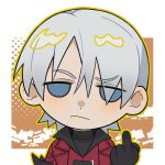  1boy absurdres adrien02sss annoyed belt belt_buckle black_belt black_gloves black_shirt blue_eyes brown_background buckle chest_belt chibi closed_mouth coat coattails collared_coat collared_vest dante_(devil_may_cry) devil_may_cry_(series) elbow_gloves frown gloves hair_between_eyes highres lapels long_sleeves looking_at_viewer male_focus middle_finger open_clothes open_coat outline outside_border peaked_lapels red_coat red_vest shirt short_hair solo straight-on turtleneck turtleneck_shirt two-tone_background upper_body vest wavy_eyebrows white_background white_hair yellow_outline 