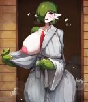  1girl absurdres alternate_breast_size blush bob_cut breasts colored_skin commentary cowboy_shot curvy english_commentary english_text gardevoir green_hair green_skin grey_kimono hair_between_eyes hair_over_one_eye heart highres huge_breasts japanese_clothes kimono long_bangs looking_at_viewer multicolored_skin my700 nipples open_mouth pokemon pokemon_(creature) red_eyes short_hair smile solo steaming_body two-tone_skin white_skin 