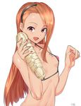  :d absurdres bare_arms bare_shoulders bikini breasts covered_nipples dildo hairband highres holding idolmaster idolmaster_(classic) long_hair looking_at_viewer micro_bikini minase_iori nail_polish navel open_mouth orange_hair perky_breasts pink_bikini pink_bikini_top pink_nails red_eyes signature simple_background small_breasts smile solo stomach swimsuit tareme upper_body white_background yoshiwa_tomo 