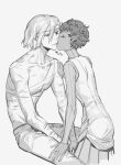  2boys bags_under_eyes closed_eyes curly_hair dark-skinned_male dark_skin dungeon_meshi elf gorget hand_on_another&#039;s_leg hand_on_another&#039;s_shoulder highres kabru kabru_(elf) kiss kissing_cheek lazy_eye long_sleeves male_focus mithrun mithrun_(tallman) miyu_kumo monochrome multiple_boys multiple_scars notched_ear pants pectorals pointy_ears scar short_hair simple_background sitting topless_male tunic uneven_eyes wavy_hair white_background yaoi 