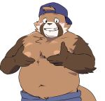  2024 ailurid anthro belly blush bottomwear brown_body brown_fur clothing fur hat headgear headwear hi_res humanoid_hands inunoshippo kemono male mammal moobs navel nipples overweight overweight_male pants red_panda simple_background solo white_background 