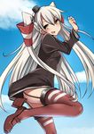  amatsukaze_(kantai_collection) arm_up ass bangs blonde_hair blue_sky brown_eyes day dress from_behind garter_straps hair_tubes hairband high_heels kantai_collection long_hair long_sleeves looking_at_viewer looking_back open_mouth sailor_dress sky smile solo striped striped_legwear thighhighs thighs two_side_up yoiyoi_(kannkann100) 