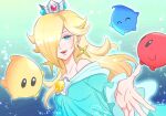  1girl :d agua_mp bare_shoulders blonde_hair blue_dress blue_eyes brooch commentary crown dress earrings eyelashes hair_over_one_eye jewelry long_hair long_sleeves looking_at_viewer luma_(mario) mario_(series) off-shoulder_dress off_shoulder open_mouth outstretched_hand rosalina smile star_(symbol) star_brooch star_earrings super_mario_galaxy symbol-only_commentary upper_body 