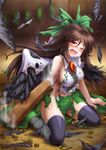  ;o arm_cannon arm_support black_legwear black_wings blurry blush bow breasts brown_hair cape depth_of_field feathered_wings feathers full_body green_bow green_skirt ground hair_bow highres kneeling large_breasts long_hair looking_at_viewer monopollyan nose_blush one_eye_closed open_mouth panties red_eyes reiuji_utsuho ribbon rock shirt sideboob skirt smoke solo tears thighhighs thighs third_eye torn_clothes torn_shirt torn_skirt touhou underwear weapon white_shirt wings 