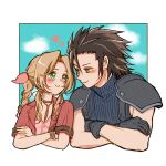  1boy 1girl aerith_gainsborough armor bangle black_gloves black_hair blue_eyes blue_sky blush border bracelet braid braided_ponytail brown_hair closed_mouth cloud cloudy_sky couple crisis_core_final_fantasy_vii cropped_torso cross_scar crossed_arms dress earrings final_fantasy final_fantasy_vii final_fantasy_vii_rebirth final_fantasy_vii_remake gloves green_eyes hair_ribbon hair_slicked_back heart jacket jewelry long_hair looking_at_another looking_to_the_side noi_(noi28224) outside_border parted_bangs pink_dress pink_ribbon red_jacket ribbon scar scar_on_cheek scar_on_face shoulder_armor sidelocks sky sleeveless sleeveless_turtleneck smile spiked_hair stud_earrings sweater turtleneck turtleneck_sweater twitter_username upper_body white_border zack_fair 