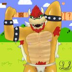  1:1 4_fingers absurd_res anthro armwear aroused beard body_hair bowser chest_hair clothing daddyfication facial_hair fingers flexing flexing_bicep funny_background hair handwear hi_res horn jockstrap koopa male mario_bros nintendo nipples open_mouth presenting pubes scalie shell solo tail teeth underwear wet wet_clothing wet_jockstrap yose_stones 