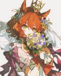  1girl bouquet bow bridal_veil character_request choker covering_own_mouth crown dress flower frilled_sleeves frills gold_crown grey_background hair_between_eyes highres hikawayunn holding holding_bouquet juliet_sleeves long_sleeves looking_at_viewer mini_crown puffy_sleeves purple_bow purple_eyes red_choker red_hair short_hair short_sleeves simple_background sleeve_bow solo umamusume upper_body veil white_dress white_flower white_veil yellow_eyes 