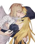  2girls bare_shoulders black_dress blonde_hair blush breasts brown_hair closed_eyes commentary dress dungeon_meshi ear_covers elf falin_touden falin_touden_(chimera) feathered_wings feathers hand_on_another&#039;s_back hashtag-only_commentary highres kiss long_hair marcille_donato marcille_donato_(lord) medium_hair multiple_girls pointy_ears shiba257 sideboob simple_background white_background wings yuri 