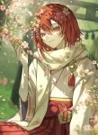  1boy bishounen branch cherry_blossoms closed_mouth commentary_request eyelashes falling_petals flower hair_between_eyes hair_flower hair_ornament hanasaki_miyabi holding holding_branch holostars japanese_clothes long_sleeves looking_at_viewer male_focus outdoors petals red_hair scarf short_hair smile solo tassel torii upper_body virtual_youtuber white_scarf yellow_eyes yu_yu_(yuyuuuu99550771) 