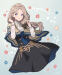  1girl ascot black_bow blonde_hair blue_background bow brown_capelet buttons capelet closed_mouth commentary_request fire_emblem fire_emblem:_three_houses floral_background floral_print garreg_mach_monastery_uniform hair_bow highres long_hair long_sleeves looking_at_viewer mercedes_von_martritz ponytail purple_eyes smile solo white_ascot yuurururun 