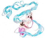  1girl antique_phone aqua_eyes aqua_hair bad_id bad_pixiv_id bare_shoulders belt blue_eyes blue_hair floating_hair hair_ornament hatsune_miku jumping long_hair looking_at_viewer lunch_(lunchicken) navel open_mouth pink_belt pink_thighhighs redial_(vocaloid) shirt skirt sleeveless smile solo stomach thighhighs twintails very_long_hair vocaloid 