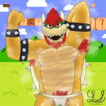  1:1 4_fingers absurd_res anthro armwear aroused beard body_hair bowser chest_hair clothing daddyfication facial_hair fingers flexing flexing_bicep funny_background hair handwear hi_res horn jockstrap koopa male mario_bros nintendo nipples open_mouth presenting pubes scalie shell smelly solo steam tail teeth underwear wet wet_clothing wet_jockstrap yose_stones 