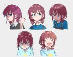  1girl angry black_shirt blue_eyes blue_shirt closed_eyes closed_mouth collared_shirt commentary expressions gganchan girls_band_cry grey_background iseri_nina laughing multiple_views open_mouth parted_lips pinky_out red_hair shaded_face shirt short_twintails simple_background smile twintails upper_body v-shaped_eyebrows 