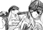 anthro baseball_bat beanie black_and_white breasts brother brother_and_sister donkey duo english_text equine eyewear female gun hat hladilnik male mammal monochrome ranged_weapon shotgun sibling sister smile sunglasses text weapon 