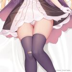  1girl artist_request ass_visible_through_thighs bandaid bandaid_on_knee bandaid_on_leg bed_sheet blonde_hair company_name copyright_notice dress gloves head_out_of_frame little_witch_nobeta lying nobeta official_art on_back panties pantyshot purple_thighhighs solo striped_clothes striped_dress thighhighs thighs underwear vertical-striped_clothes vertical-striped_dress white_gloves white_panties 