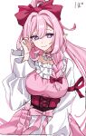  1girl absurdres bow bowtie braid breasts dress elf elysia_(herrscher_of_human:ego)_(honkai_impact) elysia_(honkai_impact) frilled_sleeves frills hair_between_eyes hair_ornament hand_on_own_face highres honkai_(series) honkai_impact_3rd large_breasts long_hair long_sleeves looking_at_viewer pink_dress pink_eyes pink_hair pink_pupils pointy_ears qing231 red_bow red_bowtie single_braid smile very_long_hair white_background 