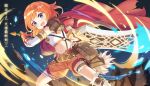  1girl belt belt_pouch blue_eyes brown_cloak cloak elbow_gloves gloves greatsword highres jehyun muimi_(princess_connect!) navel open_mouth orange_hair orange_shorts pouch princess_connect! short_hair shorts single_shoulder_pad solo sword torn_cloak torn_clothes v-shaped_eyebrows weapon 