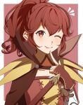  1girl ;p anna_(fire_emblem) border cape dress english_commentary fingerless_gloves fingernails fire_emblem fire_emblem_awakening gloves gmais2514 hair_between_eyes highres index_finger_raised long_hair looking_at_viewer one_eye_closed outside_border ponytail red_border red_cape red_dress red_eyes red_gloves red_hair sidelocks solo sword tongue tongue_out two-tone_dress wavy_hair weapon white_border yellow_dress 