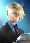  1boy artist_name black_necktie blonde_hair cigarette clenched_teeth commentary curly_eyebrows english_commentary facial_hair formal hair_over_one_eye male_focus mouth_hold necktie one_eye_covered one_piece realistic sanji_(one_piece) sebijy short_hair signature smile smoke smoking solo suit teeth web_address 