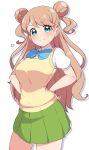  1girl absurdres blue_bow blue_bowtie blue_eyes bow bowtie breasts brown_hair closed_mouth contrapposto cowboy_shot curly_hair double_bun green_skirt hair_bun hands_on_own_hips highres kanamori_maria kiratto_pri_chan light_blush long_hair looking_at_viewer medium_breasts miniskirt mujin_(mujinzairaisen) pleated_skirt pretty_series school_uniform shirt short_sleeves simple_background skirt smile solo standing swept_bangs two_side_up v-shaped_eyebrows vest white_background white_shirt yellow_vest 
