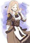 1girl ascot blonde_hair brown_ascot brown_dress character_name closed_eyes commentary_request cupcake dated dress earrings eyelashes fire_emblem fire_emblem:_three_houses fire_emblem_warriors:_three_hopes food happy_birthday heart highres jewelry long_sleeves medium_hair mercedes_von_martritz official_alternate_costume official_alternate_hairstyle open_mouth otokajife solo 