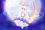  1girl animal_ears aura barefoot blue_ribbon blush commentary_request dress english_text full_body full_moon halo highres kittenup long_hair looking_at_viewer medium_bangs moon on_crescent open_mouth purple_eyes purple_sky rabbit_and_steel rabbit_ears rabbit_girl rabbit_of_the_moon_shira ribbon sitting sky solo strapless strapless_dress very_long_hair white_dress white_hair yellow_halo 