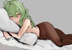  1girl antenna_hair bed brown_pantyhose full_body goddess_of_victory:_nikke green_hair grey_background highres kilo_(nikke) lying no_bra on_bed on_stomach panties pantyhose pillow simple_background solo ssa_(kiseion) underwear white_panties yellow_eyes 