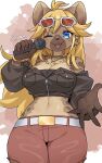  5:8 absurd_res ahoge anthro artist_name arumo bare_shoulders belt big_breasts biped blonde_hair blue_eyes blush bottomwear bracelet breast_pockets breasts brown_body brown_clothing brown_fur brown_jacket brown_topwear buchiage_hannah cleavage clothed clothing colored_nails cropped_jacket electronics eyewear eyewear_on_head fangs female fur hair hi_res holding_microphone holding_object hyena jacket jewelry long_hair looking_at_viewer mammal markings microphone midriff multicolored_body multicolored_fur nails navel necklace one_eye_closed open_mouth pants red_bottomwear red_clothing red_nails red_pants smile solo spots spotted_body spotted_fur spotted_hyena sunglasses sunglasses_on_head teeth topwear torn_bottomwear torn_clothing torn_pants vtuber white_belt zipper 