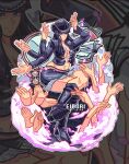  1girl artist_name black_hair blunt_bangs book boots commission cowboy_hat cropped_jacket cross-laced_clothes cross-laced_top crossed_legs eidori extra_arms full_body hat highres hourglass long_sleeves navel nico_robin one_piece petals pink_petals poneglyph skirt smile 